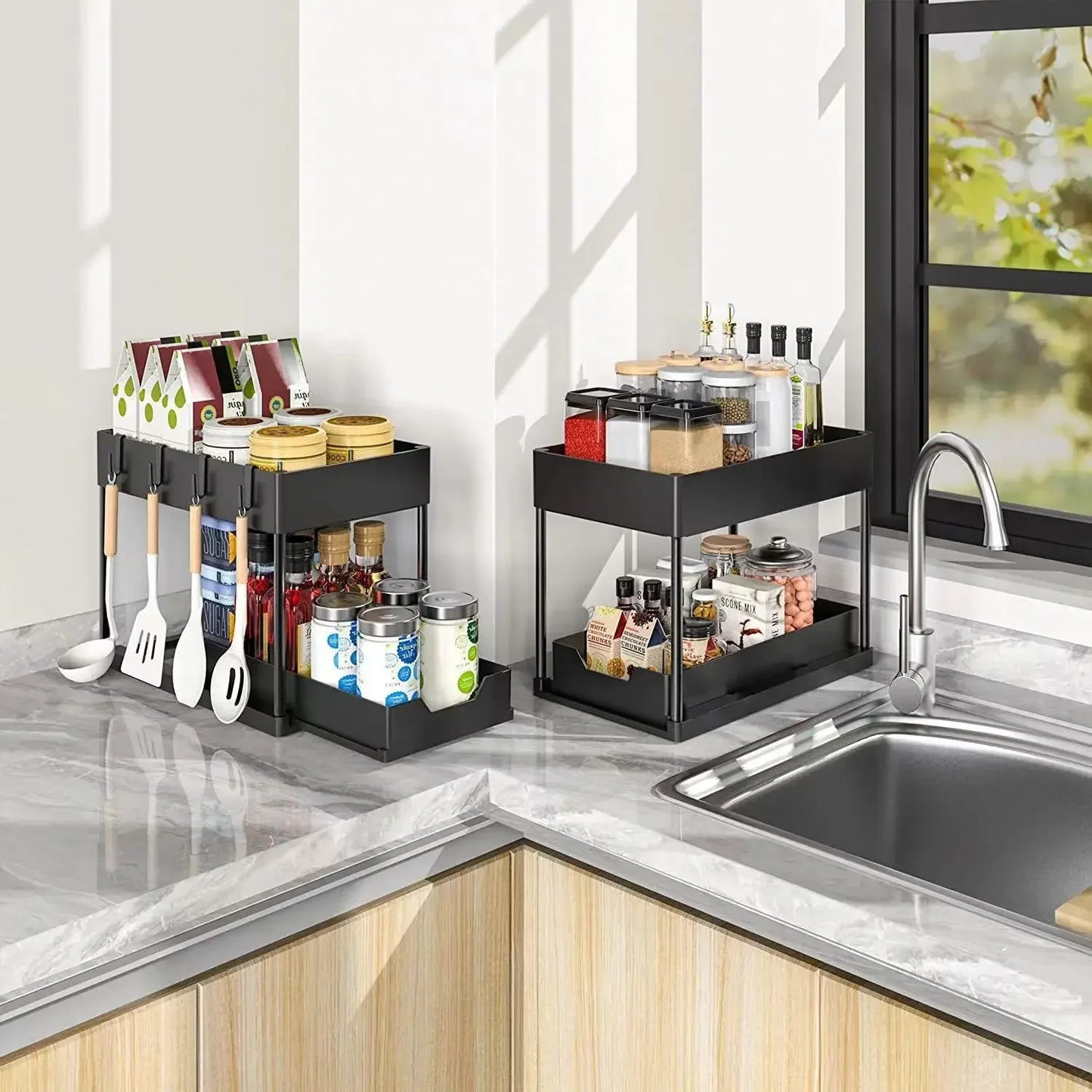 2 Tier Under Sink Organizer Sliding Cabinet Basket Organizer Storage Rack with Hooks Hanging Cup Bathroom Kitchen Organizer
