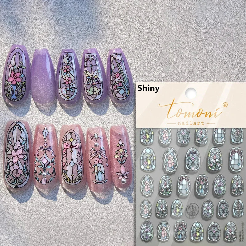 Flash Dreamy Chinese Flower Window Butterfly Glazed Rococo Geometric Frame Stamp Embossed Relief Nail Art Sticker Manicure Decal