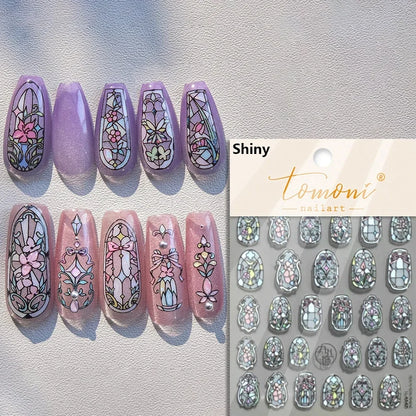 Flash Dreamy Chinese Flower Window Butterfly Glazed Rococo Geometric Frame Stamp Embossed Relief Nail Art Sticker Manicure Decal