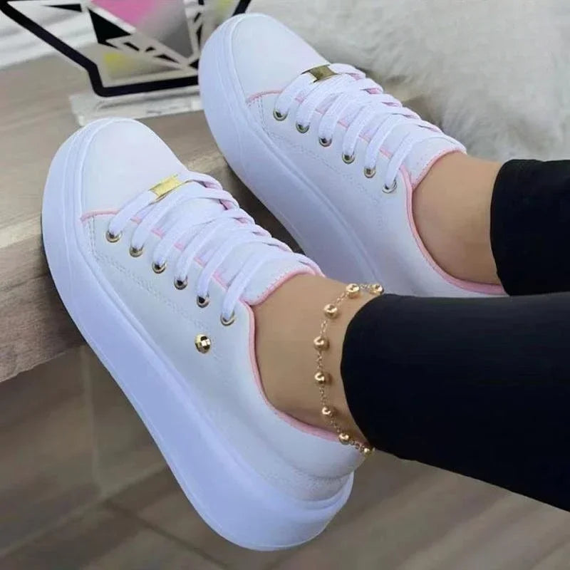 Zapatillas de deporte para mujer, zapatos deportivos con plataforma de cabeza redonda y cordones a la moda, zapatos planos para caminar para primavera y otoño, zapatos vulcanizados informales para mujer