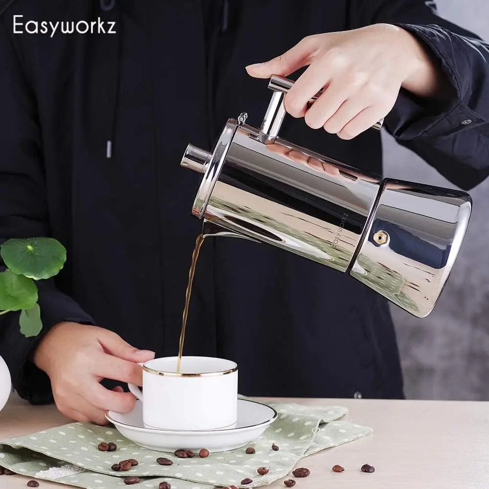 Cafetera italiana Easyworkz Diego para estufa, de acero inoxidable, para 4 tazas, 6.8 oz, de inducción
