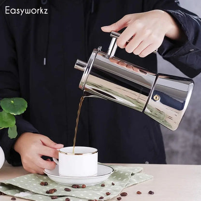 Cafetera italiana Easyworkz Diego para estufa, de acero inoxidable, para 4 tazas, 6.8 oz, de inducción