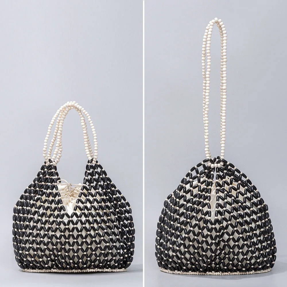 Handmade Woven Beaded Handbag For Women Exquisite Hollow-out Wooden Beaded Shoulder Bag Female Beach Bag