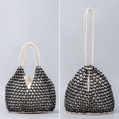 Handmade Woven Beaded Handbag For Women Exquisite Hollow-out Wooden Beaded Shoulder Bag Female Beach Bag