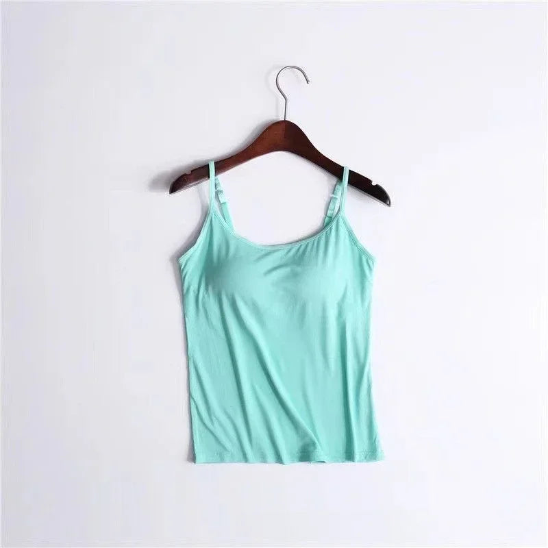 Camisola sexy con sujetador acolchado sólido y tirantes finos para mujer, camiseta sin mangas con sujetador incorporado, 2024