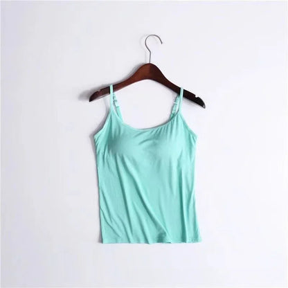 Camisola sexy con sujetador acolchado sólido y tirantes finos para mujer, camiseta sin mangas con sujetador incorporado, 2024
