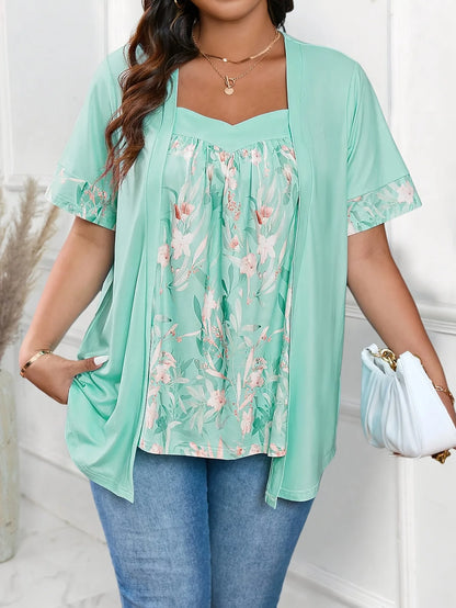 Camiseta plus size 2 em 1 com estampa floral, tops casuais de manga curta para primavera e verão, roupas femininas plus size