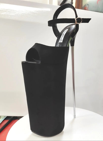 New Super High Thin Heels 30 Cm Steel Heels Large Size Women's Sandals Suede Black Buckle Sky-high Sexy Shoes platform sandals
