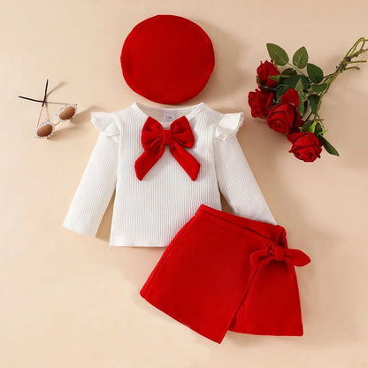 MILANCEL 0-3Y Baby Girls Clothing Set Big Bow Blouse And Red Skirt With Beret 3 PCS Girls Clothes Suit Infant Girls Outwear