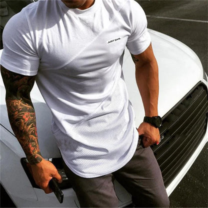 Gym Fitness T-shirt Trend Stitching Contrast Color Short Sleeve Shirt Mens Bodybuilding Clothing Summer Cotton Breathable Tops