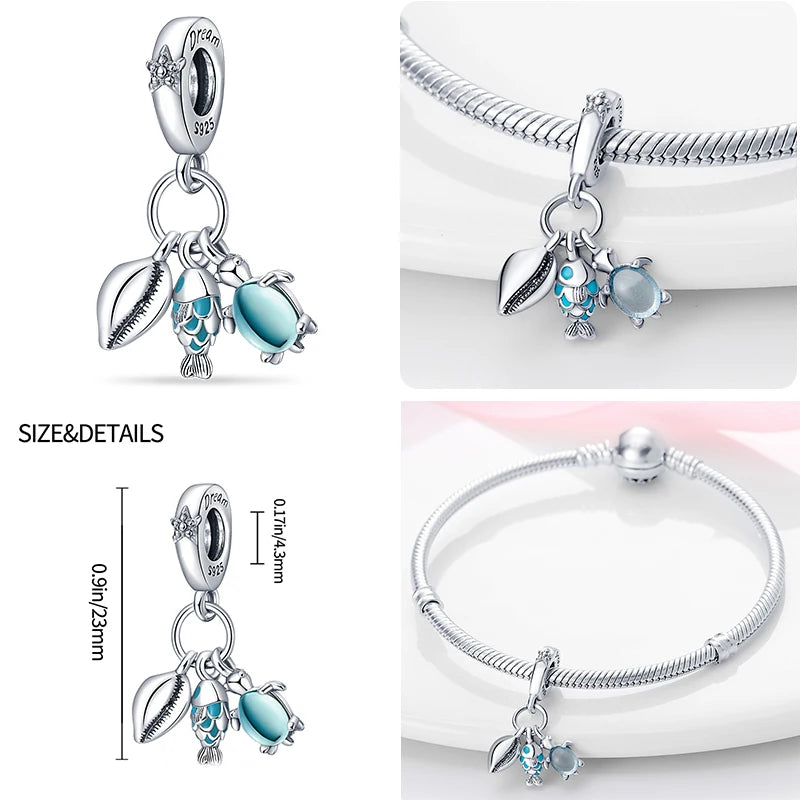 Ocean Series - Original Genuine 925 Sterling Silver Turtle Crab Mermaid Charm Beads Suitable for 3mm Bracelet DIY Making Pendant