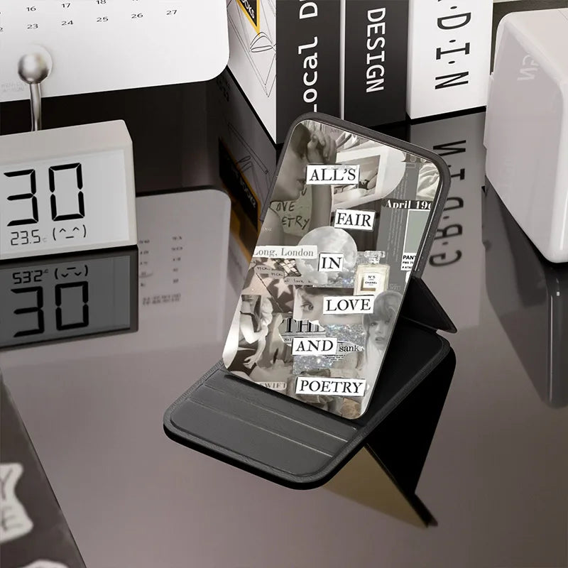 Woman MINI Folding Makeup Mirror High-quality Portable Pocket Makeup Mirror Single-side Creative Women Solid Color Handle Desk