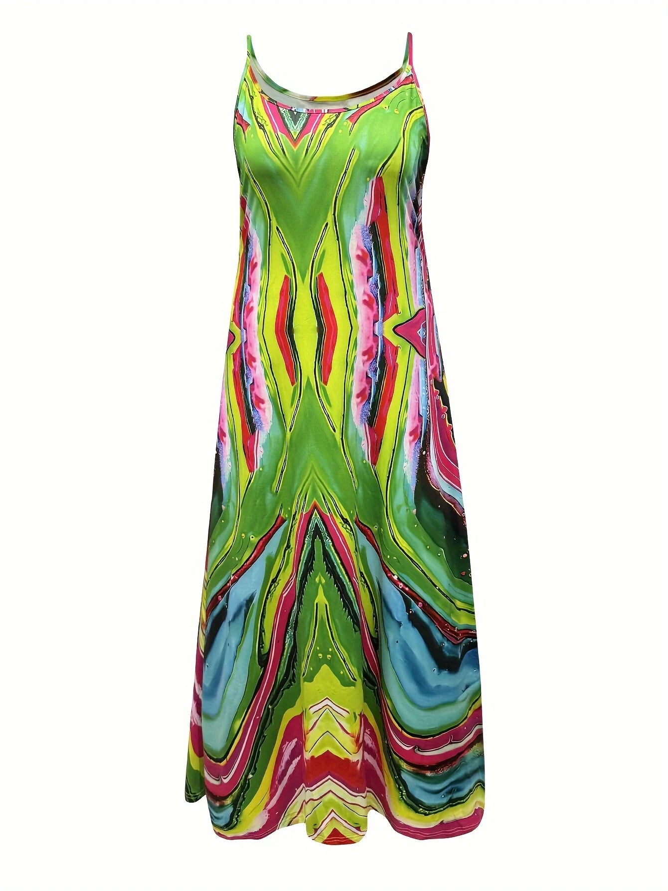 Maxi estampa geométrica feminina Vestido, Vestido deslizante, Trecho alto, Tecido de malha, Moda elegante, Feriado, Data, Bonito, Tamanho positivo, 2024
