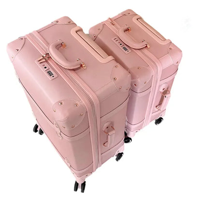Vintage Leather Women Luggage Set 20in Carry-On + 24/26in Checked Suitcase Luxury Travel Trolley Case with Pink Handbag