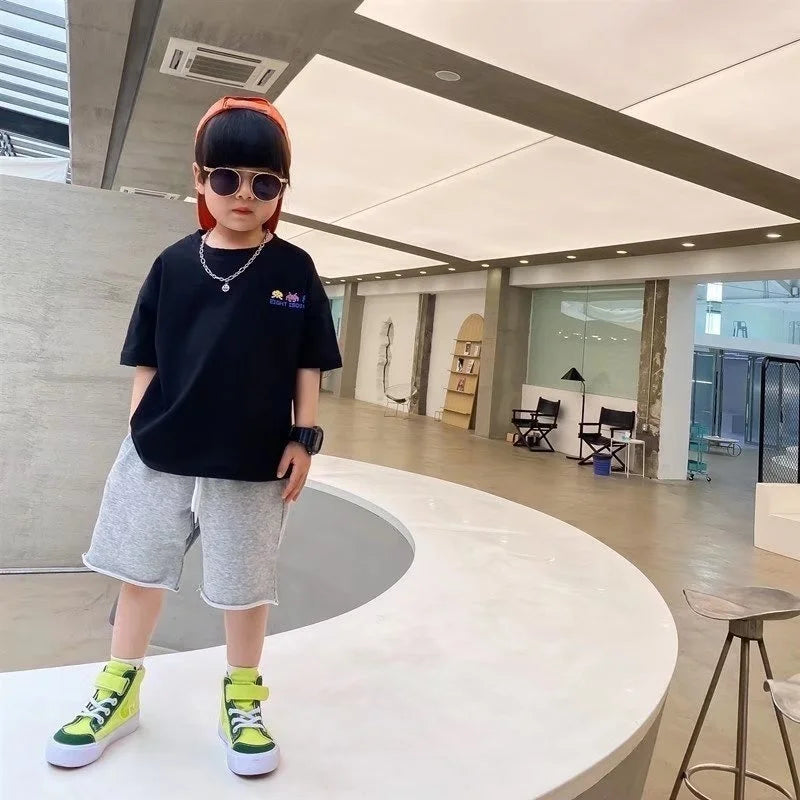 Camiseta de manga corta de verano para niños, Top de cuello redondo para niños pequeños y medianos, moda informal versátil de media manga