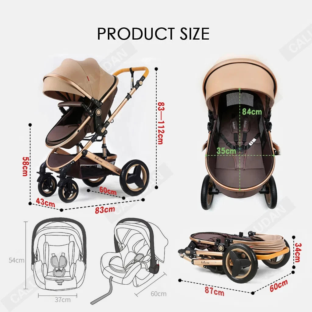 Lujoso cochecito de bebé portátil 3 en 1 de viaje con marco de aluminio alto y plegable, para recién nacidos, con cuatro ruedas.