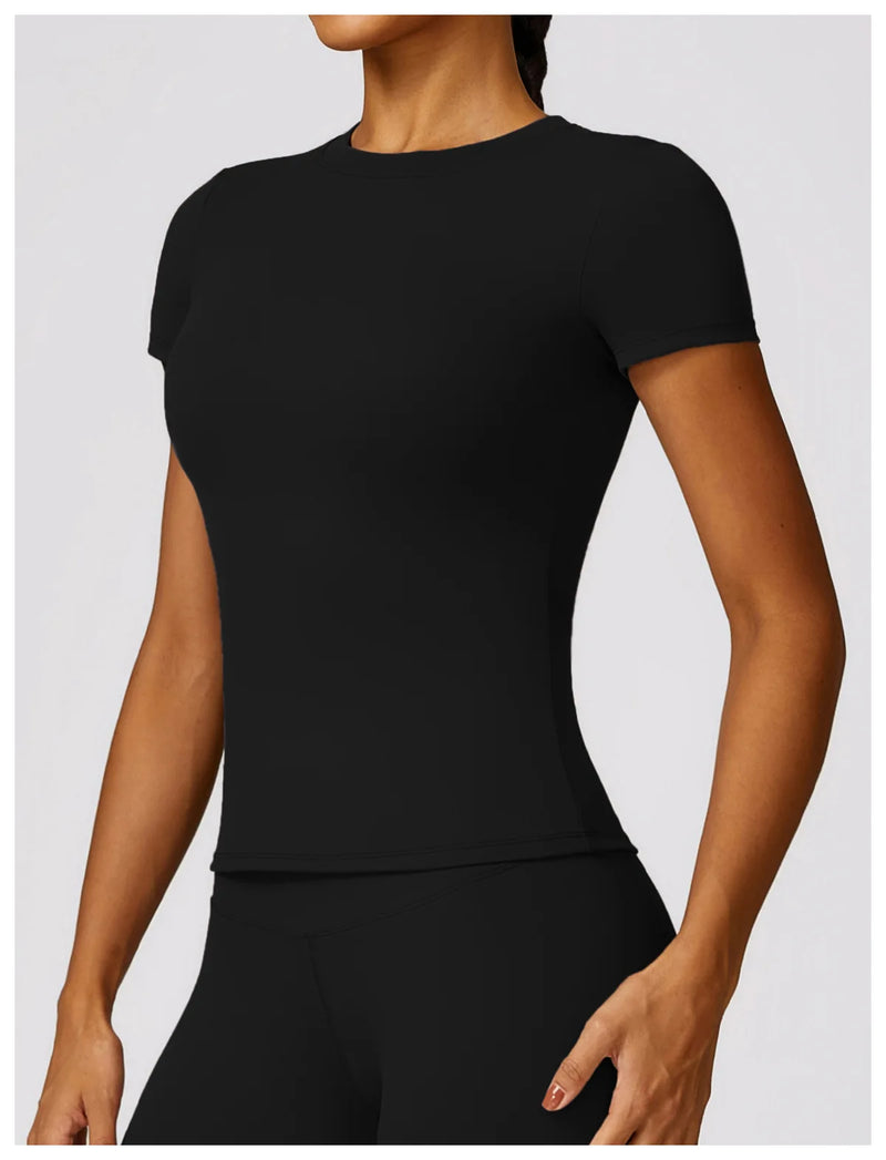 NCLAGEN - Camiseta deportiva para mujer, para correr, de verano, de manga corta, cuello redondo, transpirable, elástica, para gimnasio, yoga, fitness, ajustada, activa