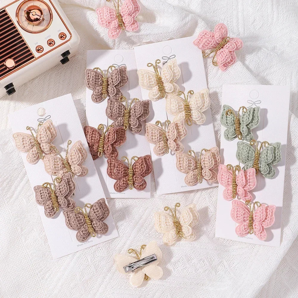 4Pcs/set Cute Baby Girls Knitting Headwear Handmade Crochet Butterfly Alloy Hairs Clips Kids Hairpins Fashion Desgin Headwear