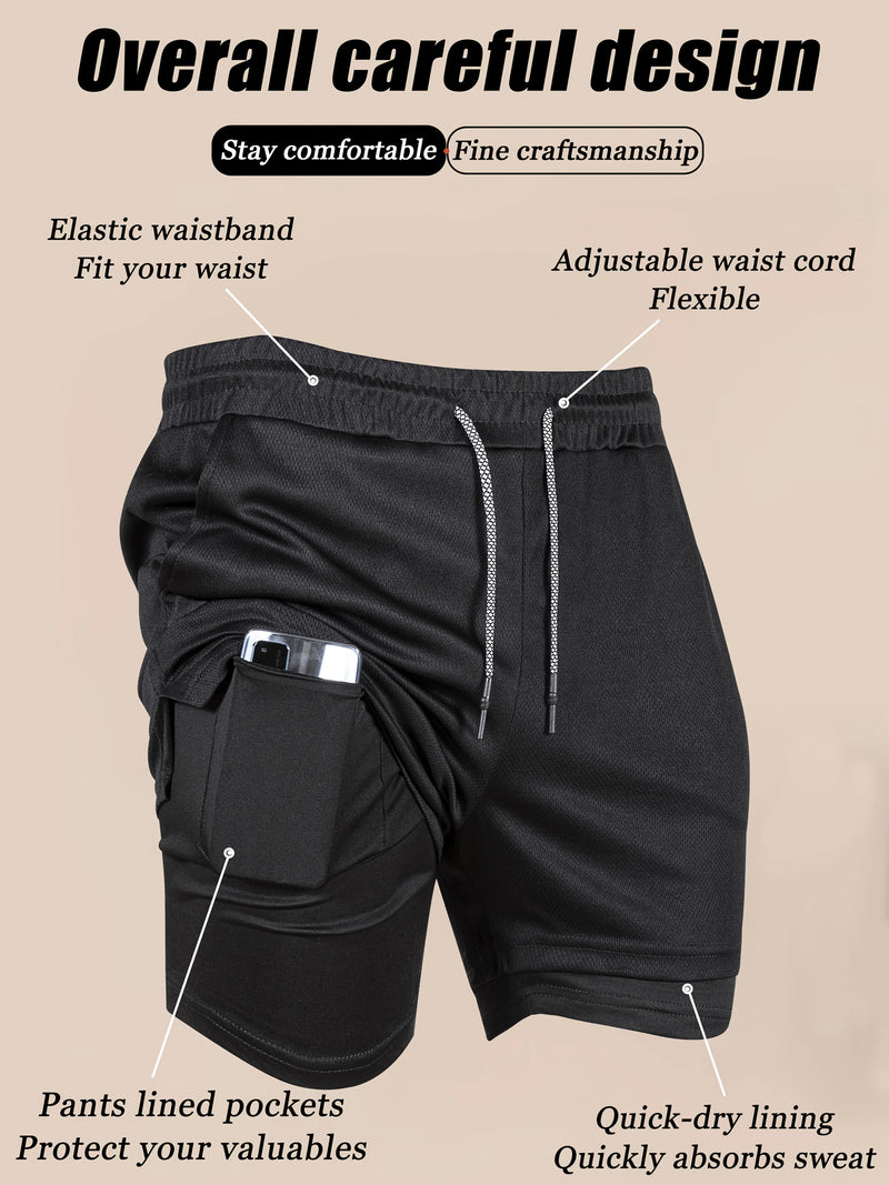 Men's 2-in-1 Fitness Training Sports Running Shorts Double Layer with Pocket Quick Dry Breathable Adjustable Drawstring Belt