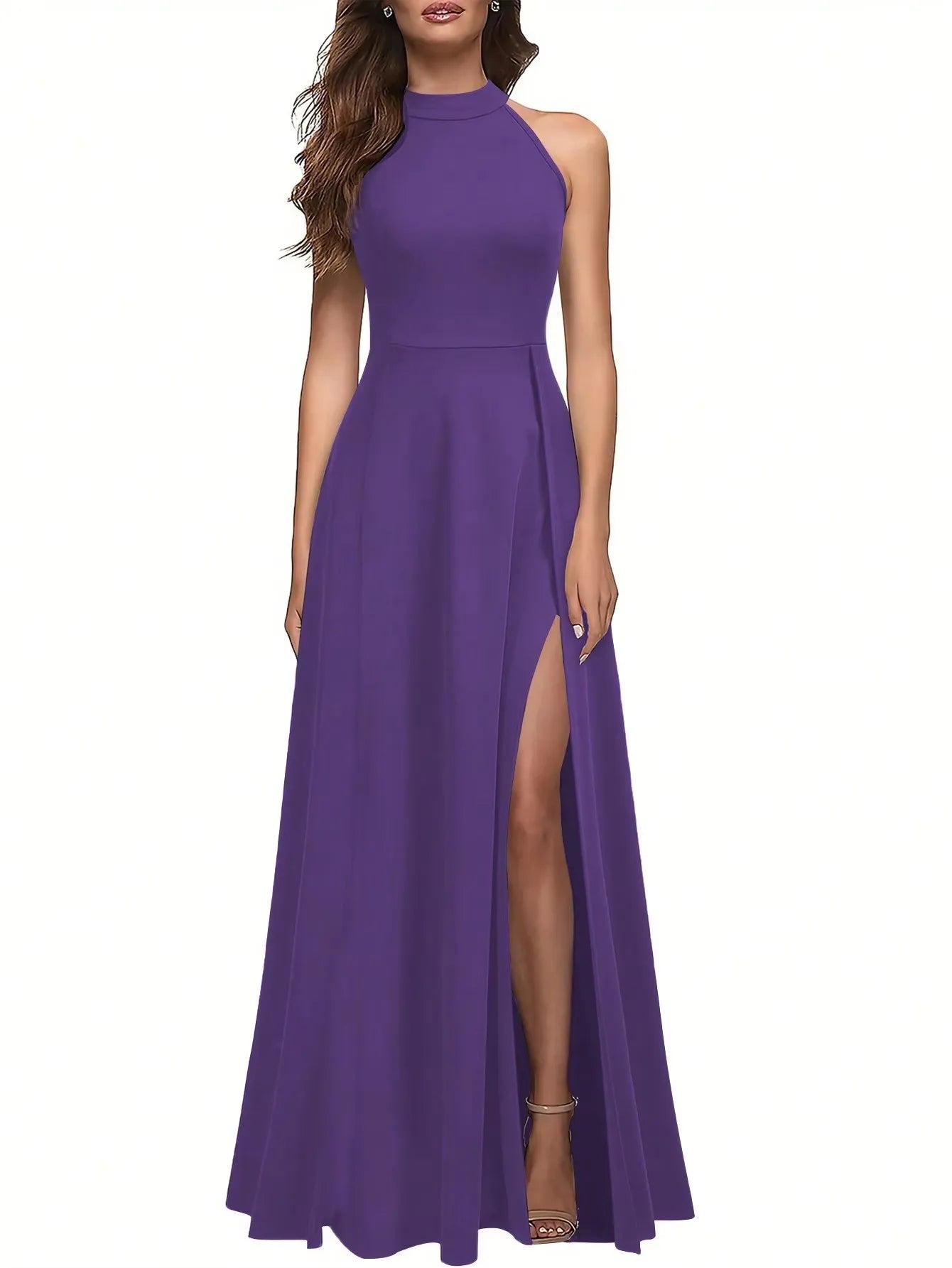 Solid Color High Neck Side Slit Long Evening Gown for Women - Slimming Elegant Formal Dress for Banquets and Parties