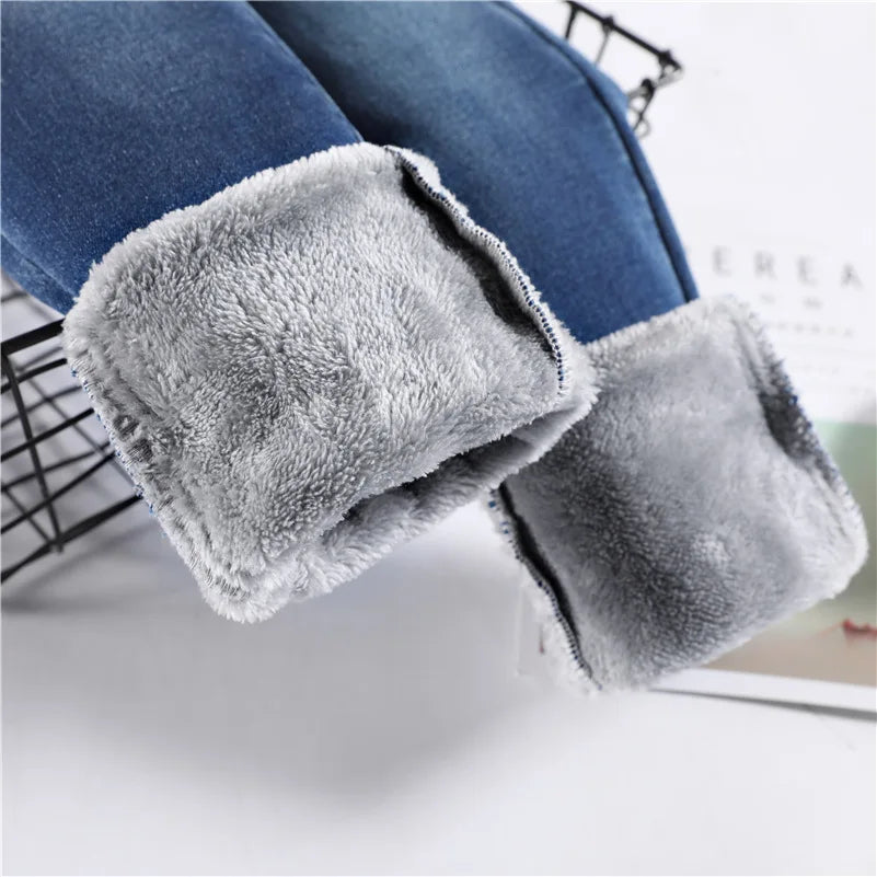Women's Thermal Jeans Winter Snow Warm Plush Stretch Jeans Lady Skinny Thick Fleece Denim Long Pants Retro Blue Pencil Trousers