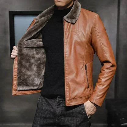 Vintage Brown Leather Jacket Men's Winter Faux Fur Collar Windproof Warm Coat Male Luxury Clothing Brand chaqueta cuero hombre