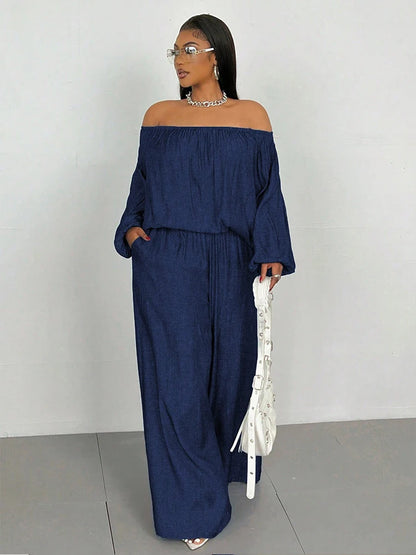 2piece Wide Legs Fake Jeans Suits for Women Plus Size Spring Outfits Off Shoulder Top and Pants Sets Wholesale Dropshipping
