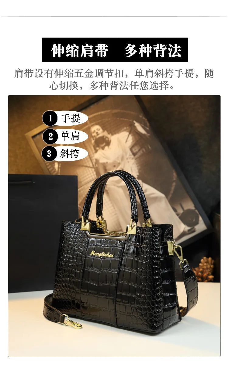 2023 New Luxury Crocodile Bag for Women Casual Tote High Qualtiy Patent Leather Shoulder Purses Elegant Dinner Noble Purse Black