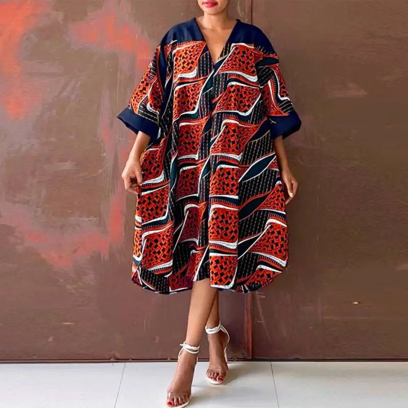 Plus Size 5XL Women Dress 2024 VONDA Summer V Neck Party Sundress Sexy Half Sleeve Bohemian Printed Dress Vestidos Loose Robe