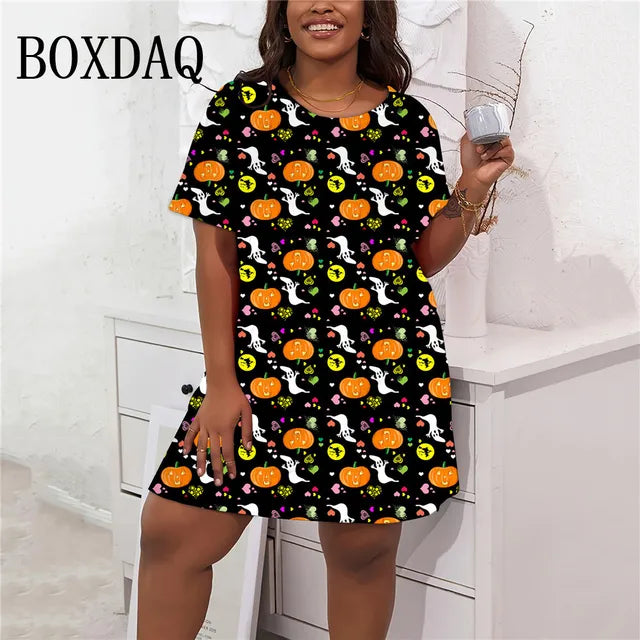 Vestido casual feminino de manga curta solto em linha A, mini vestidos para festa de Halloween, roupas plus size, moda verão e outono, 8XL, 9XL