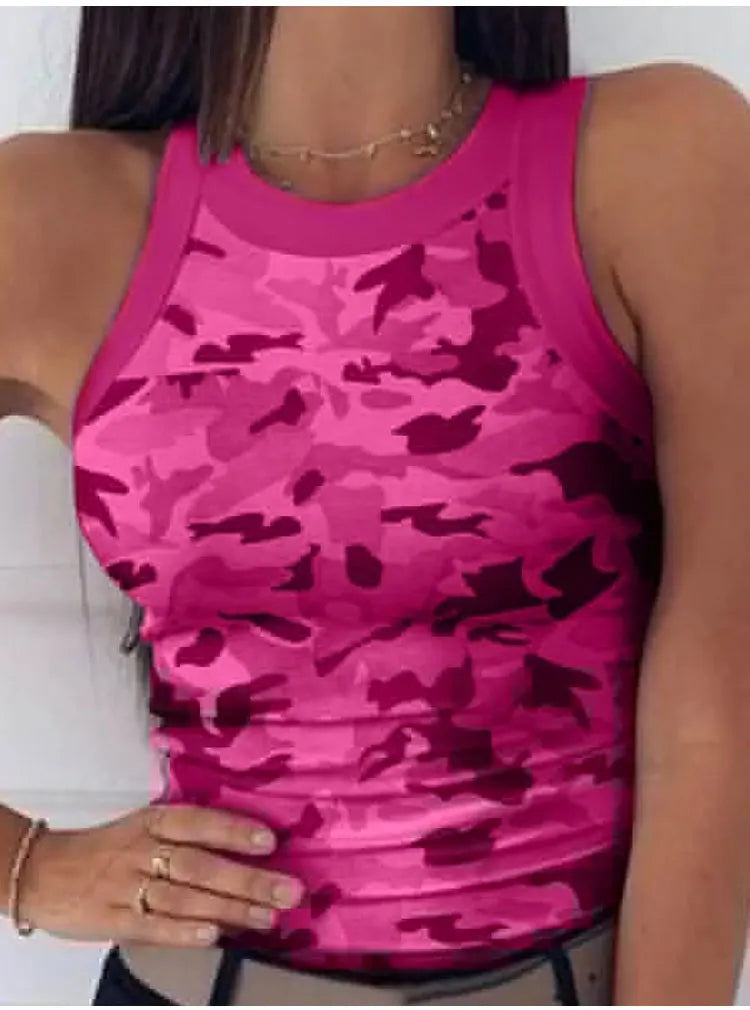 Women Casual Camo Round Neck Ribbed Tank Top Summer Basic Elastic Camisole Sexy Sleeveless Crew Neck Vest Women's Clothing
