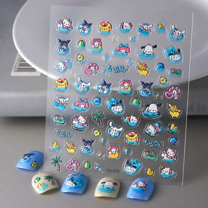 Sanrio Anime 5D Nail Stickers Hello Kitty Kurome Cartoon Stickers Nail Decoration Cute Melody Nail Art Decals Nail Art Supplies