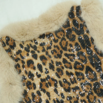 CM.YAYA Conjunto de mujer sin mangas de piel de leopardo con lentejuelas, cuello en V, chaleco de lana y pantalón, conjunto de 2 piezas Street Two 2024, chándal