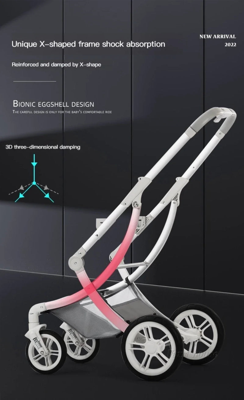 Baby Stroller 3in1,Luxury Baby Carriage with Car Seat,Eggshell Newborn Stroller Leather High Landscape PU leather