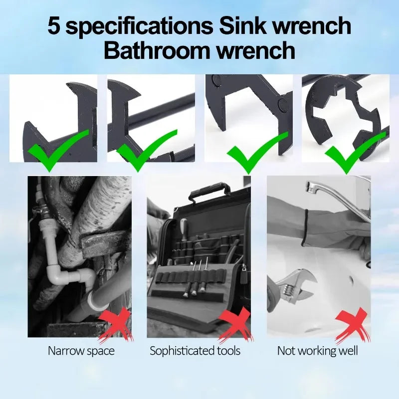 5-in-1 Sink Wrench Multifunctional Carbon Steel Faucet Key Plumbing Pipe Wrench Bathroom Kitchen Sink Repair Set Hardware Tools