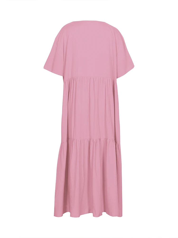 Plus Size 2025 Summer New V-neck Short Sleeve Pleated Solid Colour Loose Casual Midi Dress Basic Hem Pleated