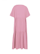 Plus Size 2025 Summer New V-neck Short Sleeve Pleated Solid Colour Loose Casual Midi Dress Basic Hem Pleated