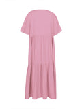 Plus Size 2025 Summer New V-neck Short Sleeve Pleated Solid Colour Loose Casual Midi Dress Basic Hem Pleated