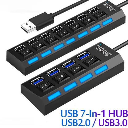 Concentrador de extensión de conmutador Concentrador USB 2.0 de 7 puertos Concentrador de extensión USB para computadora Un divisor USB 2.0 de Drag Seven para PC Portátil de escritorio