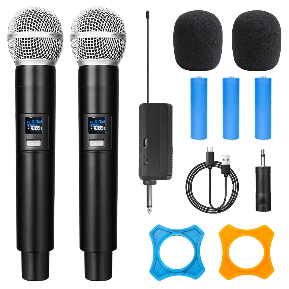 Micrófono dinámico de mano dual inalámbrico UHF para karaoke con receptor recargable para bodas, fiestas, discursos, iglesias y clubes.