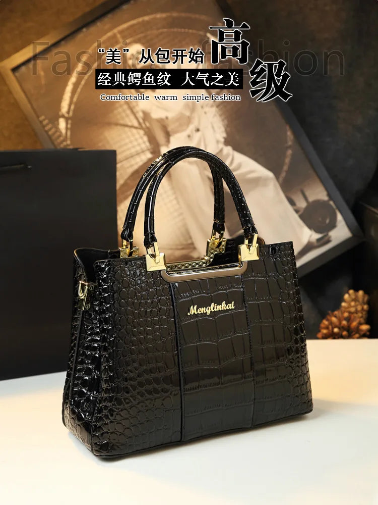 2023 New Luxury Crocodile Bag for Women Casual Tote High Qualtiy Patent Leather Shoulder Purses Elegant Dinner Noble Purse Black