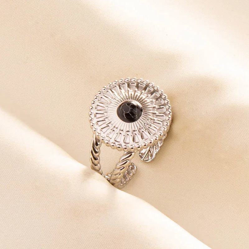 1pc Boho Turquoise Ring Stainless Steel Black Stone Silver Color Adjustable Ring Women Ethnic Ring Bohemian Jewelry Gift No Fade