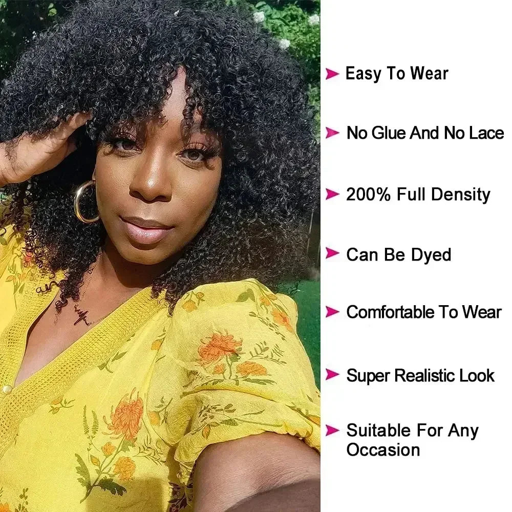 Afro Kinky Curly Wigs with Bangs 200% Density Brazilian Remy Human Hair Full Machine Made Wigs Short Afro Curly Wigs For Women