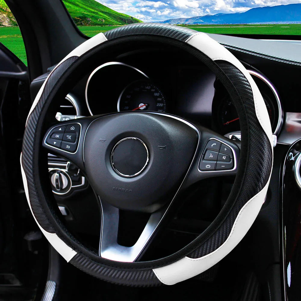 PU Carbon Fiber Leather Car Steering Wheel Cover without Inner Ring Suitable for 14.5-15 Inches Auto Supplies