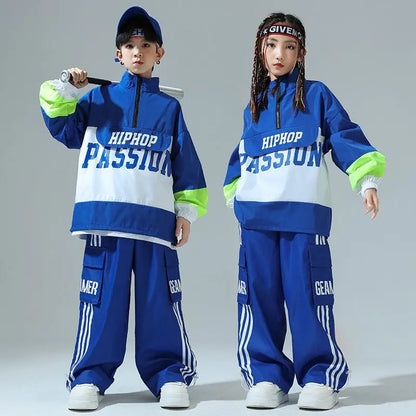 Boys Hip Hop Pullover Street Dance Cargo Pants Girls High Collar Sweatshirt Outfits Kids Jazz Sport Clothes Set Child Streetwear