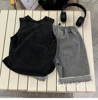 Camiseta ropa de verano ropa para niños Retro negro algodón chicos guapos sin mangas chaleco fácil marea Tops 2024 moda fresca
