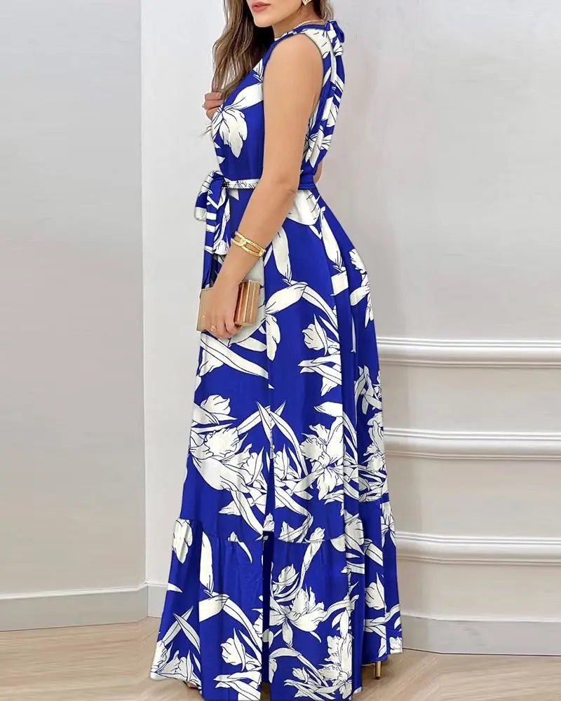Vestido de verano para mujer, nuevo, sexy, sin mangas, con cuello colgante y cordones en la cintura, falda a la moda con estampado de hojas de loto, largo hasta el suelo.