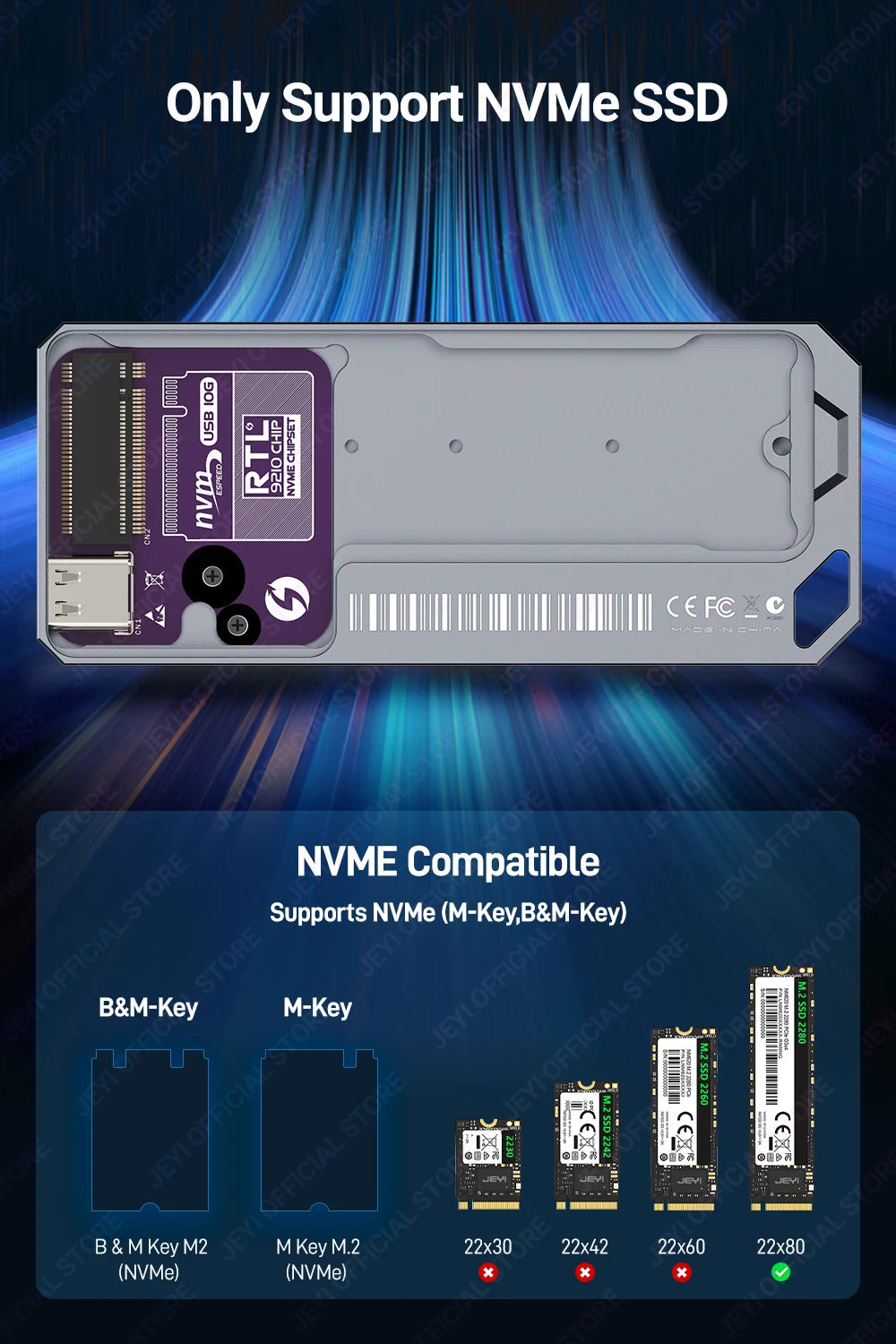 Carcasa para SSD JEYI M.2 2280 NVMe con chip RTL9210, compatible con USB 3.2, 10 Gbps UASP, carcasa para disco duro externo con carcasa de aluminio mecánico