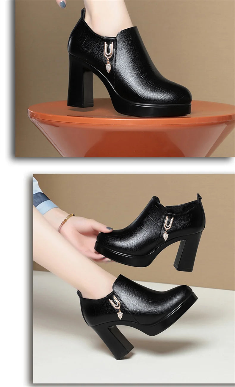 Comfortable Deep Mouth Soft Leather Anti-slip  Shoes Platform Spring 2024 Women's Block Black High Heels Office Mother Shoes