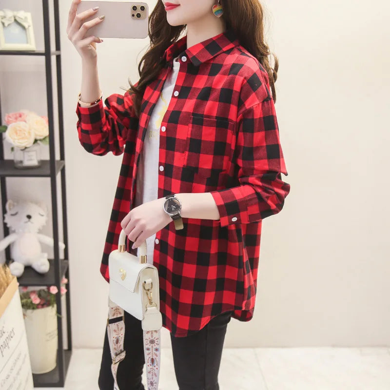 Casual Women's Plaid Shirt 2025 Spring Autumn New Ladies Loose Blouse and Tops Female Long Sleeve Shirts Fresh Checked Clothes
